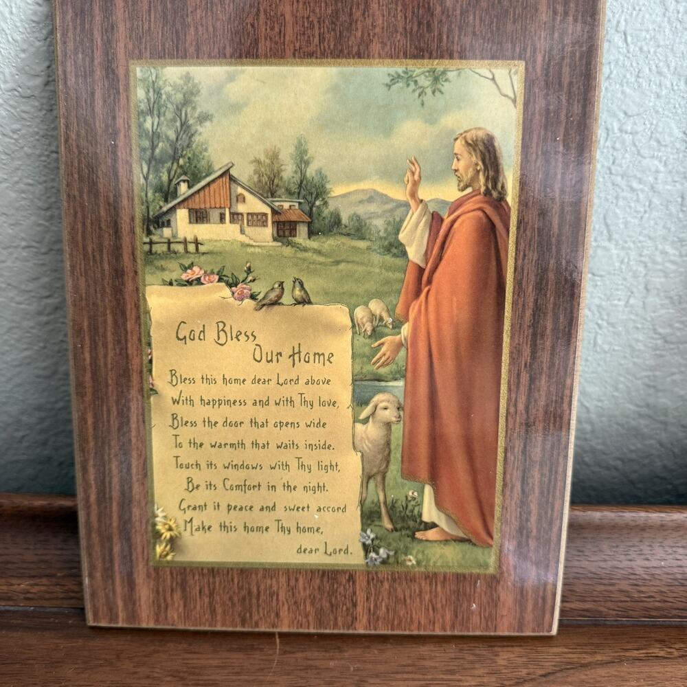 VINTAGE God bless our home w. Lords message vintage plaque Lambs, birds, christ